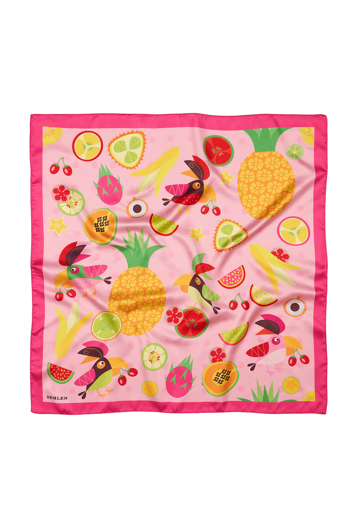 Kadın Tropikal Meyveler Desenli Saten Fular Bandana 56x56 cm - Şeker Pembe