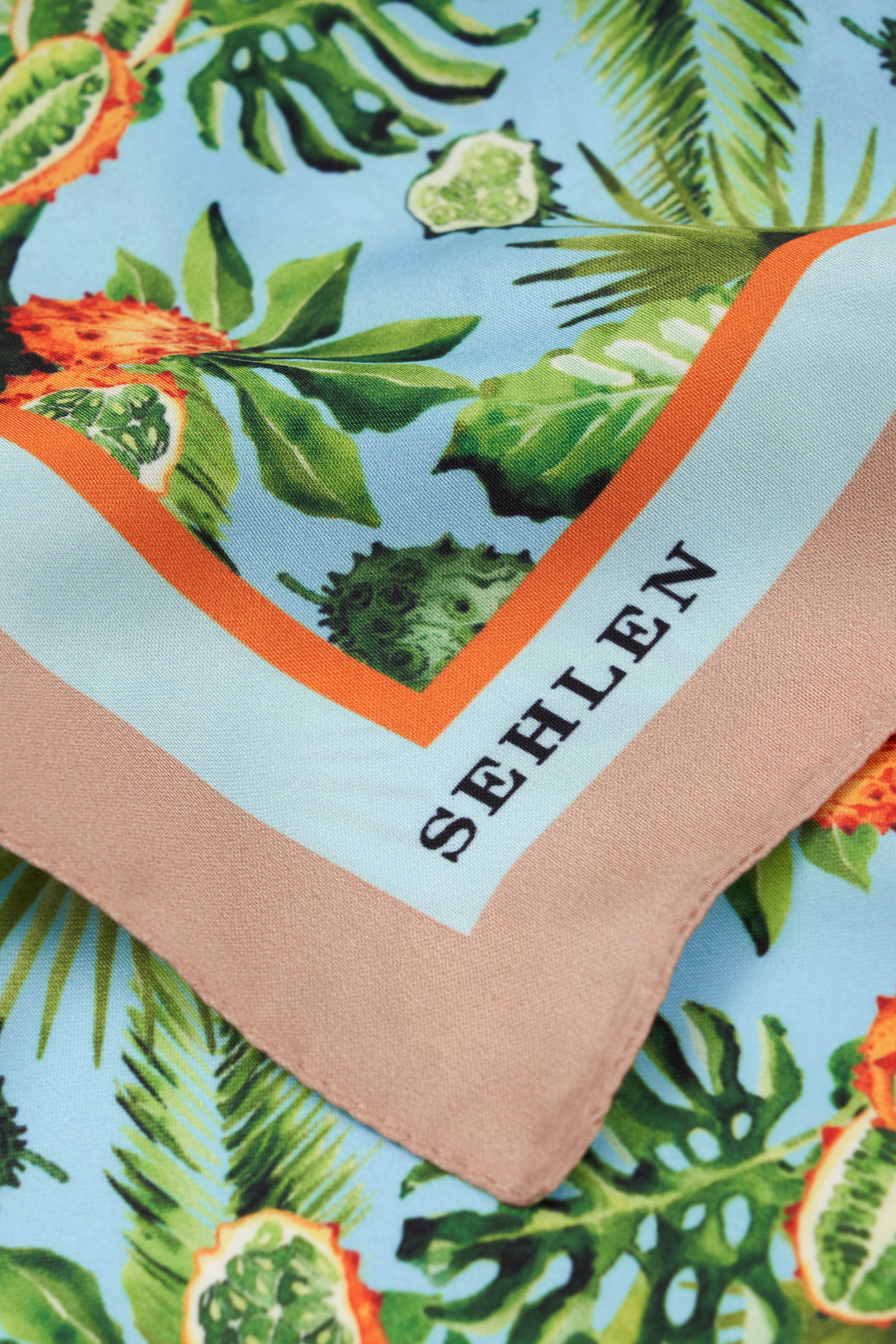 Kadın Tropikal Yaprak Desenli Saten Fular Bandana 56x56 cm - Taş Turkuaz