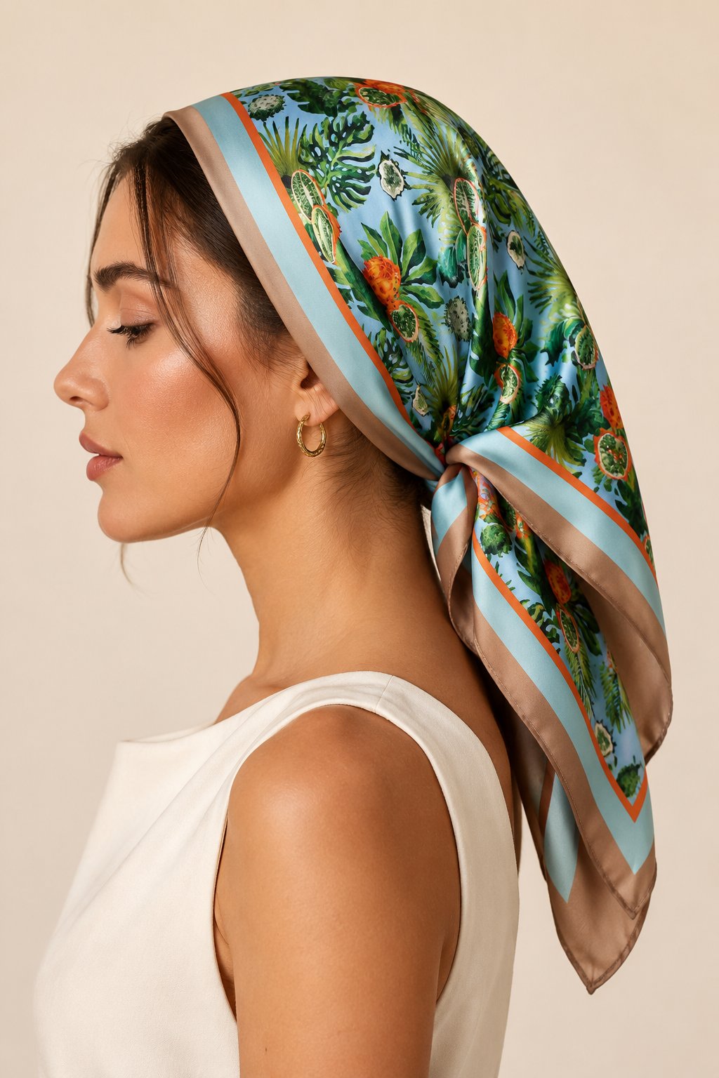 Kadın Tropikal Yaprak Desenli Saten Fular Bandana 56x56 cm - Taş Turkuaz