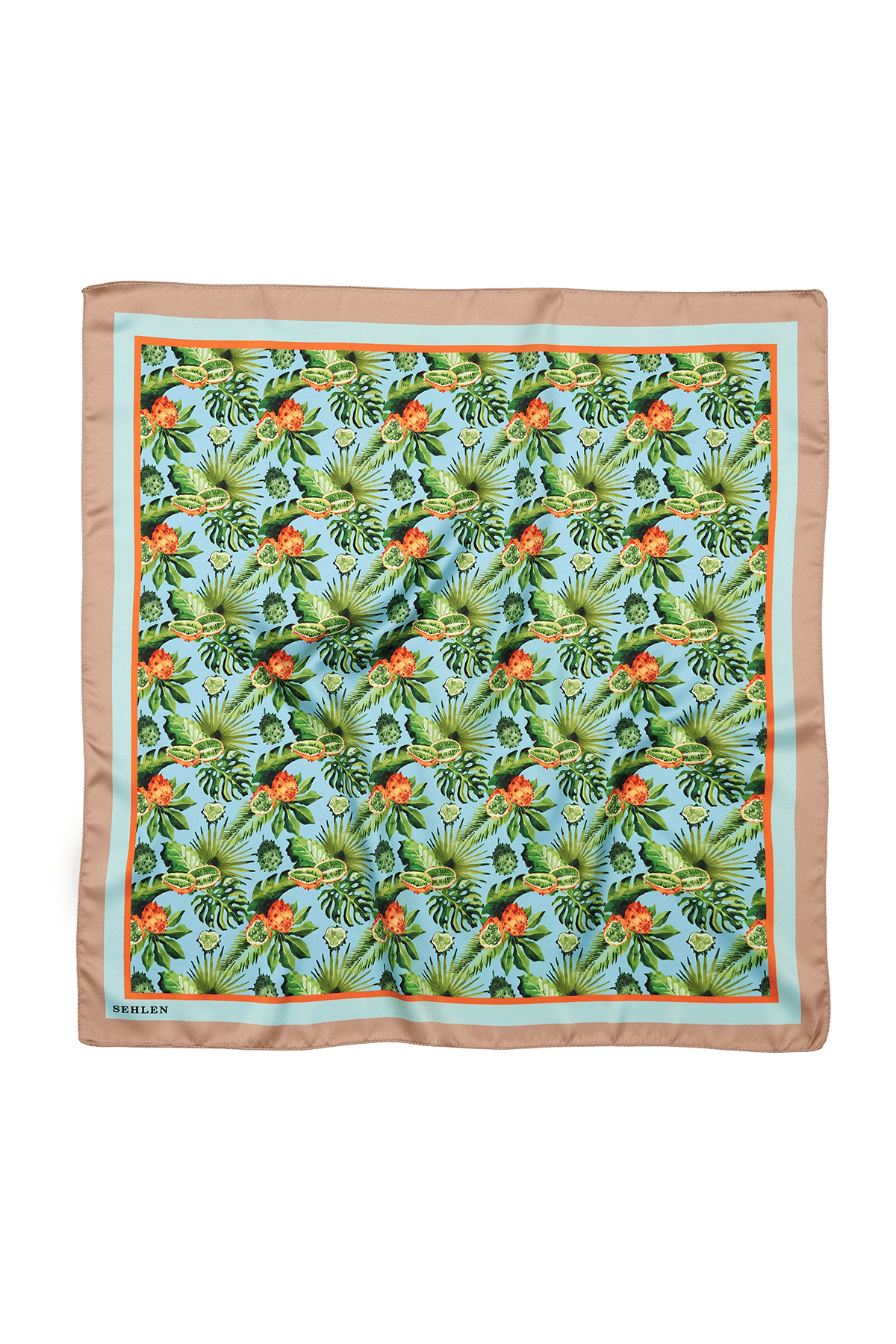 Kadın Tropikal Yaprak Desenli Saten Fular Bandana 56x56 cm - Taş Turkuaz