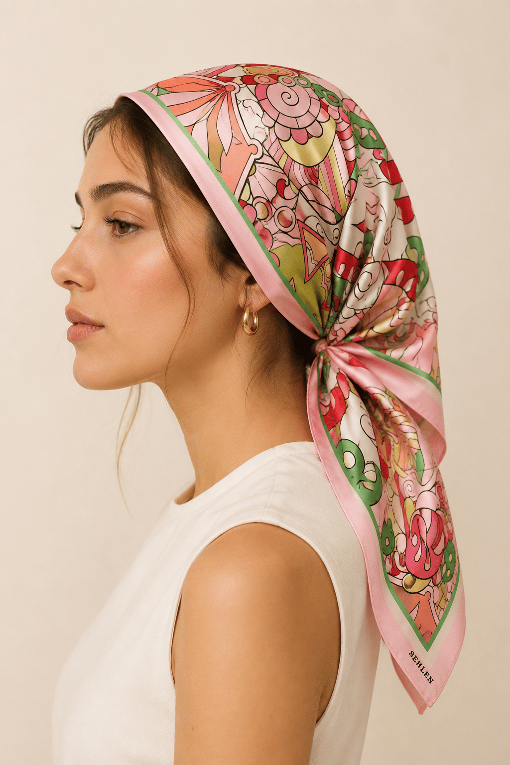 Kadın Uzak Doğu Desenli Saten Fular Bandana 56x56 cm - Açık Pembe