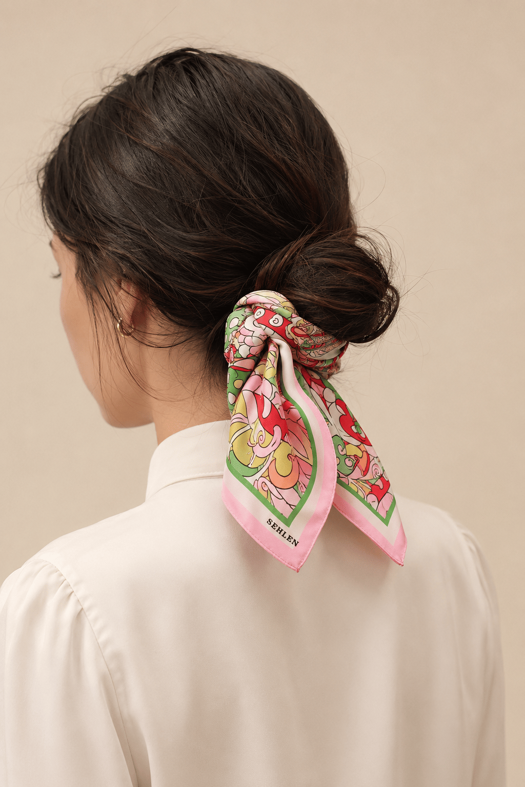 Kadın Uzak Doğu Desenli Saten Fular Bandana 56x56 cm - Açık Pembe