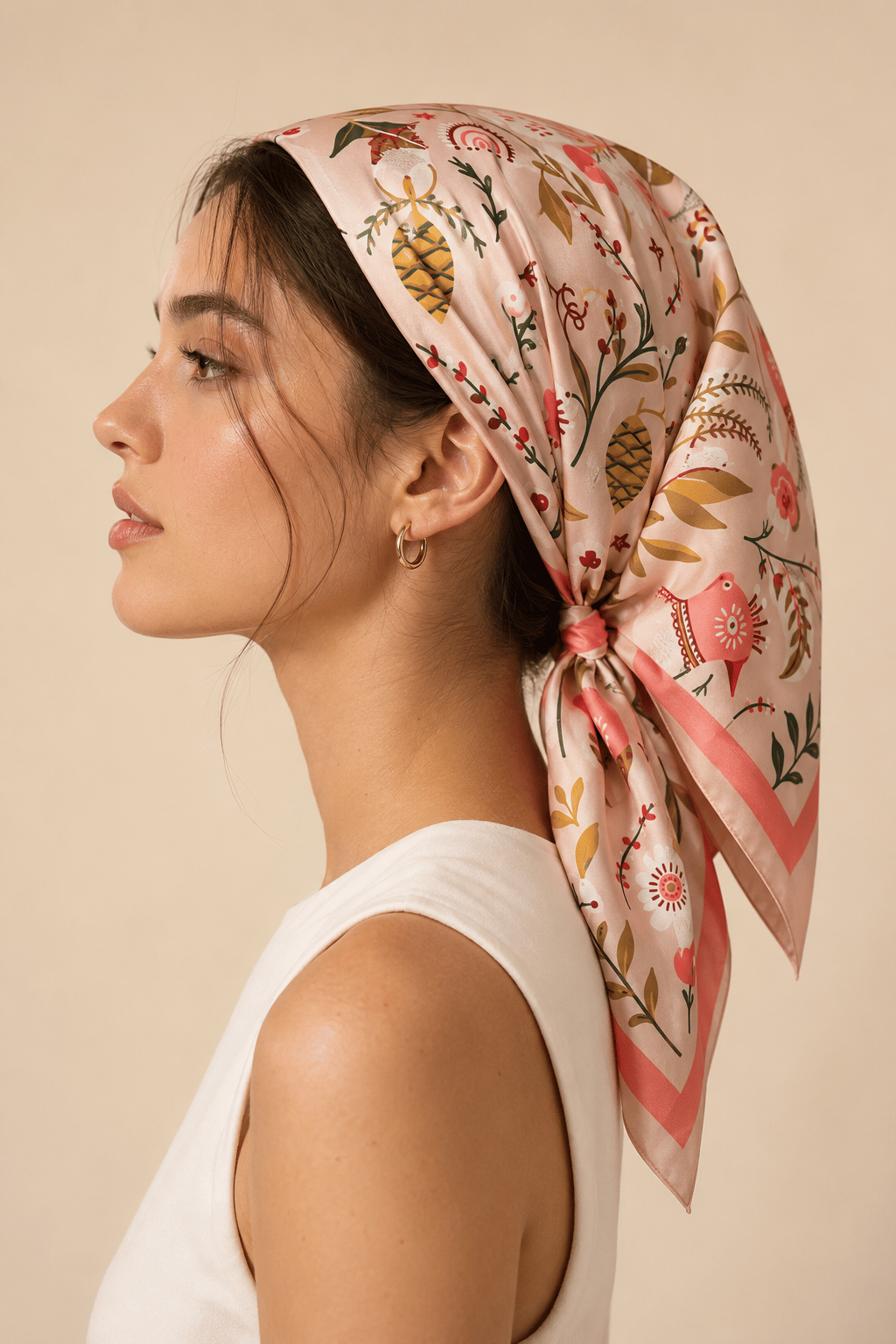 Kadın Vintage Botanik Kolaj Desenli Saten Fular Bandana 56x56 cm - Vizon Mercan