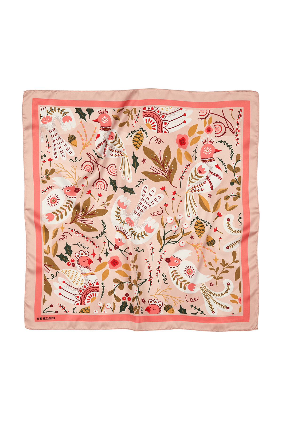 Kadın Vintage Botanik Kolaj Desenli Saten Fular Bandana 56x56 cm - Vizon Mercan