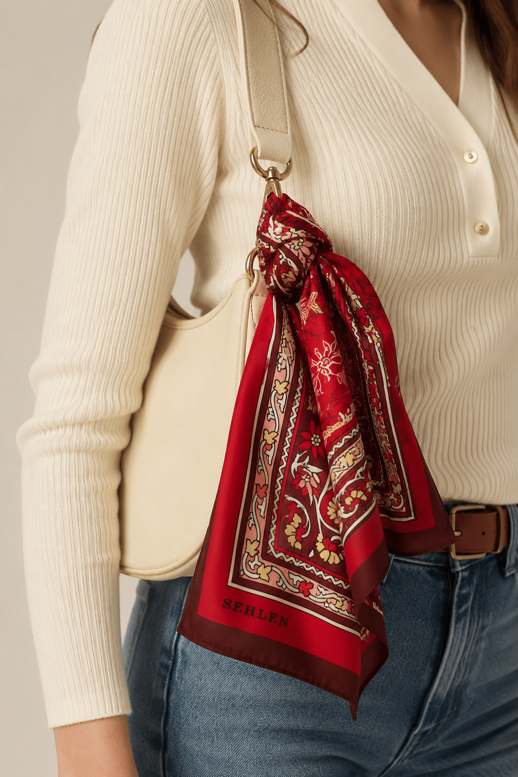 Kadın Vintage Madalyon Desenli Saten Fular Bandana 56x56 cm - Koyu Vişne