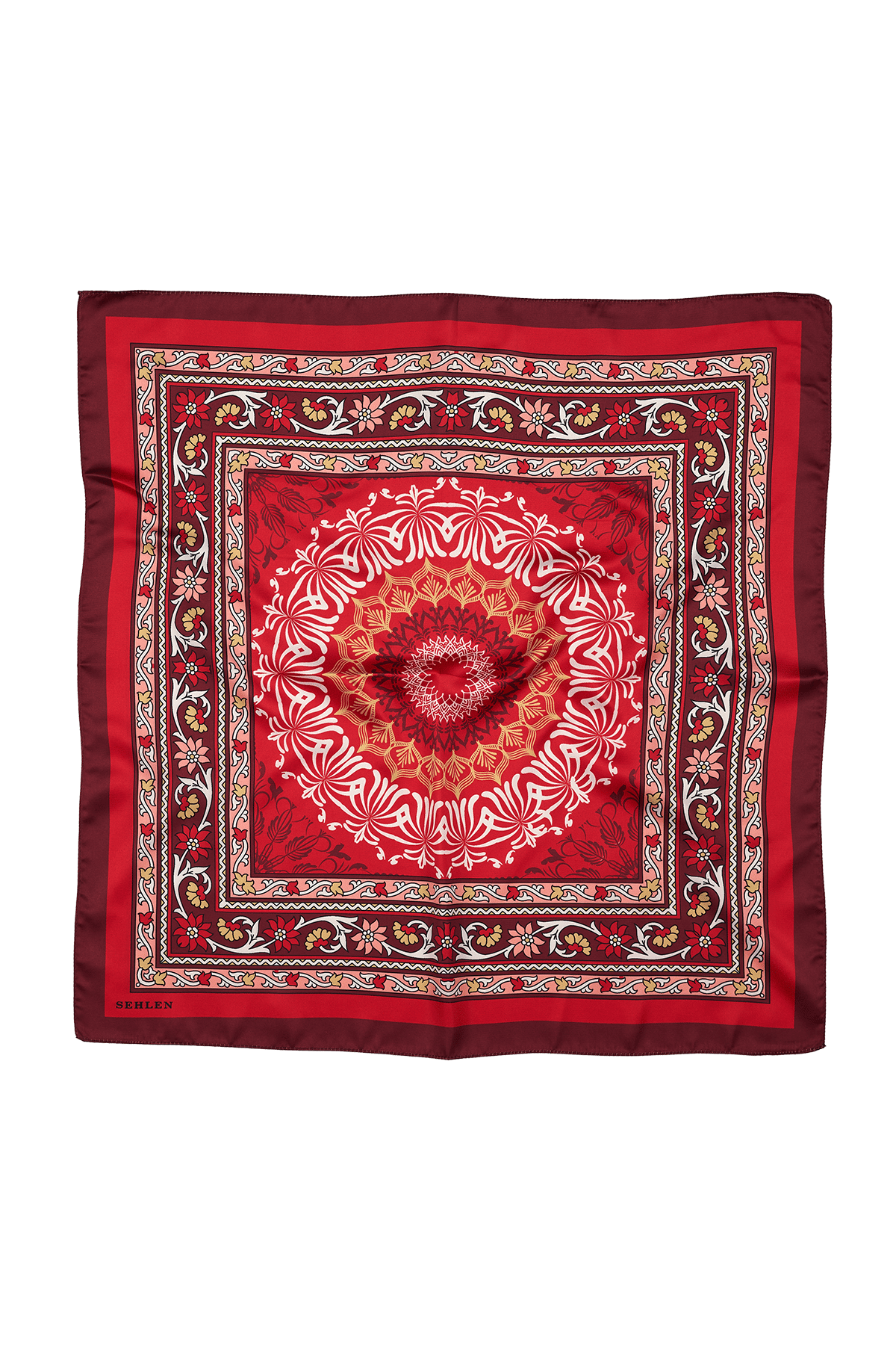 Kadın Vintage Madalyon Desenli Saten Fular Bandana 56x56 cm - Koyu Vişne
