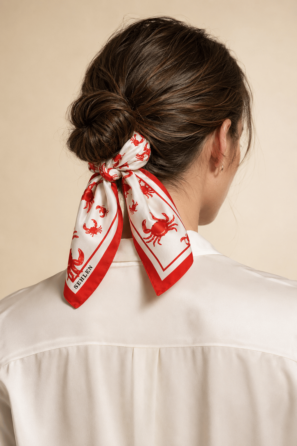 Kadın Yengeç Desenli Saten Fular Bandana 56x56 cm - Canlı Kırmızı