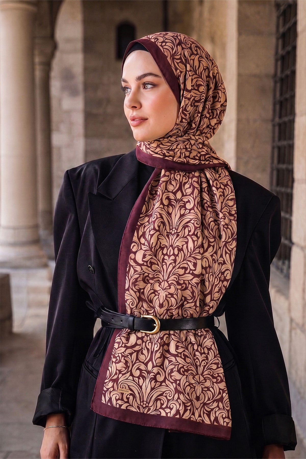 Perla Barok Damask Desenli Şal - Bordo Bej