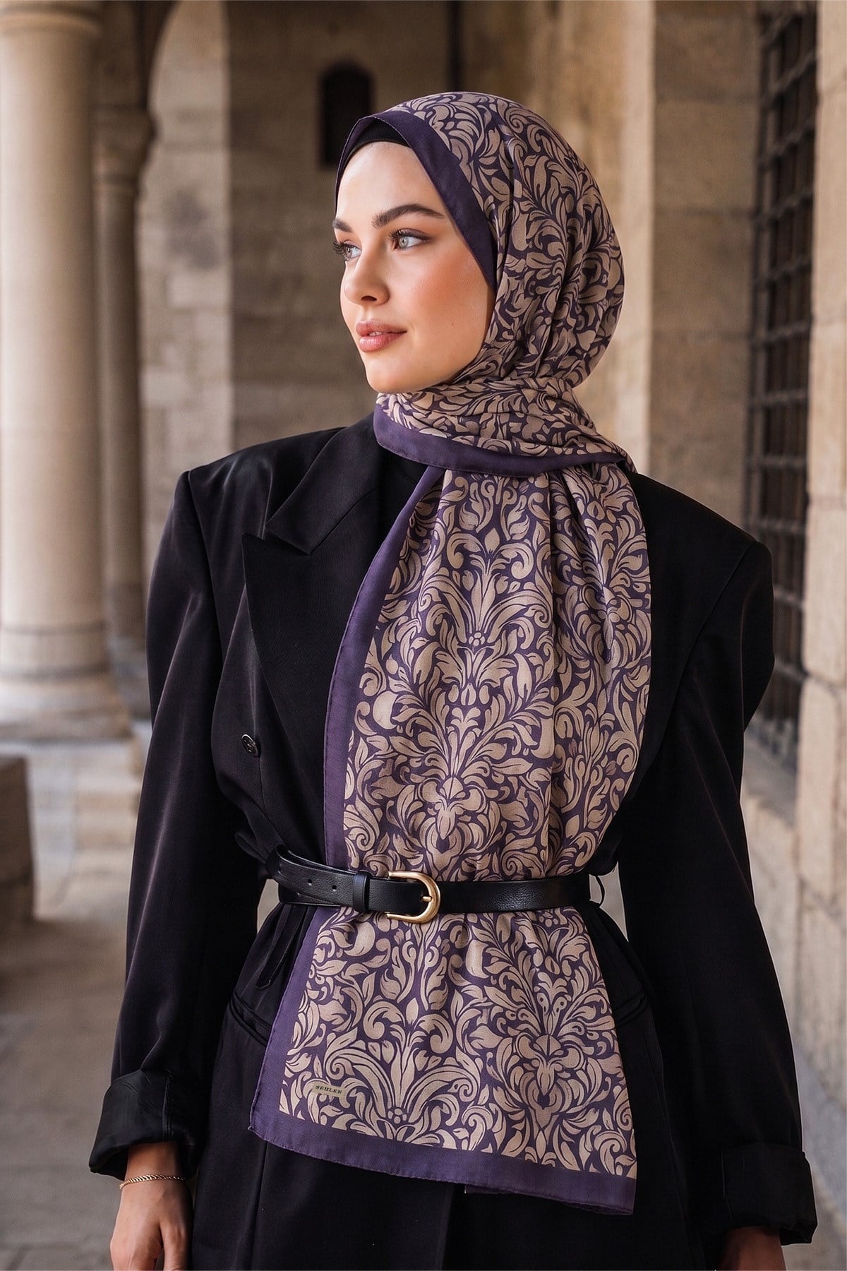 Perla Barok Damask Desenli Şal - Lacivert Bej