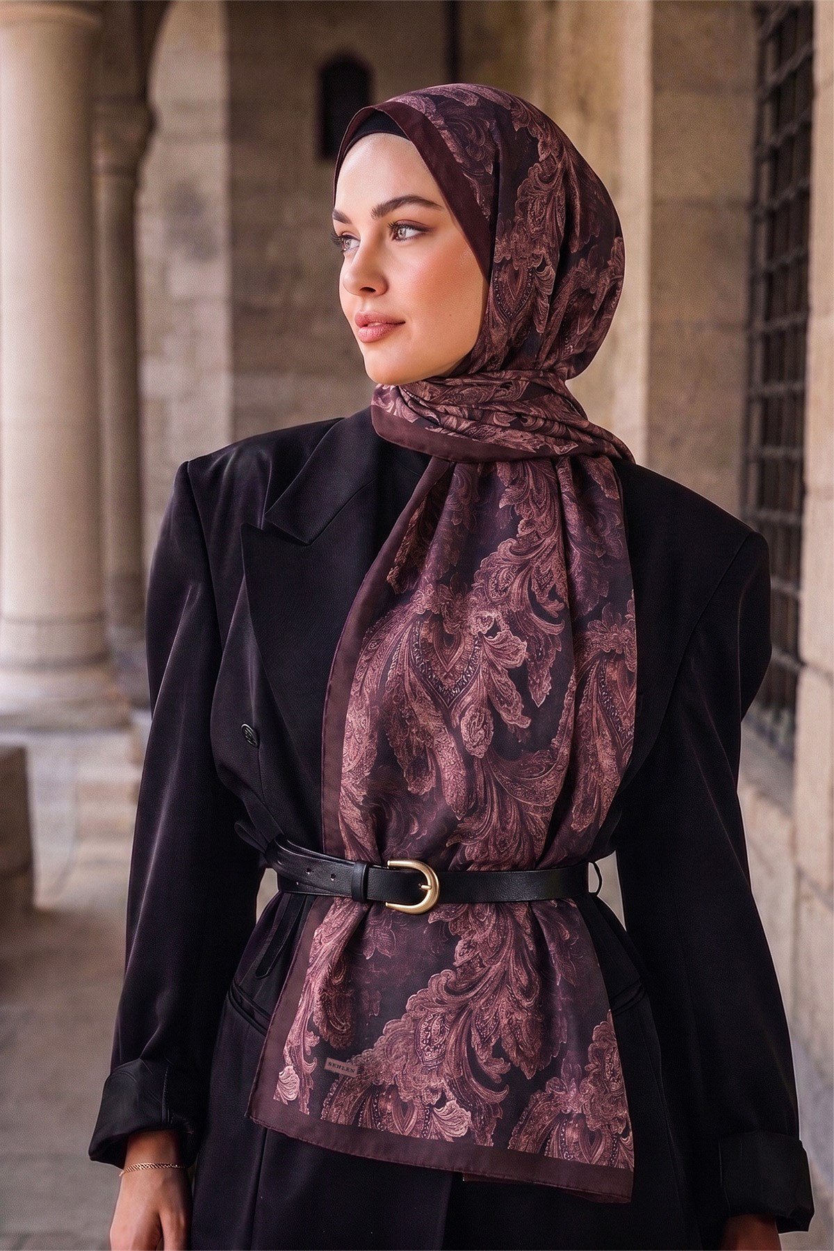 Perla Barok Paisley Desenli Şal - Koyu Vişne