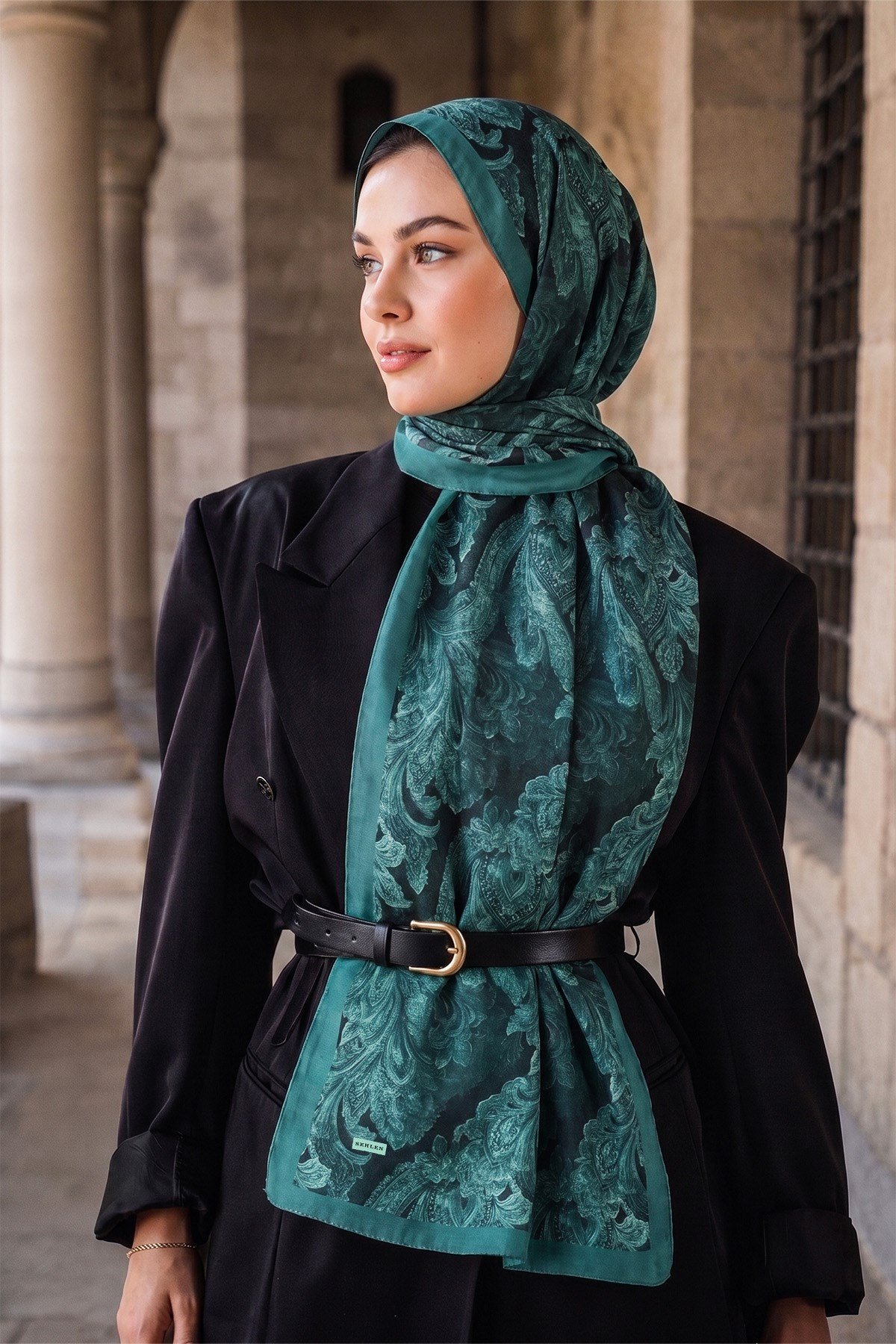 Perla Barok Paisley Desenli Şal - Küf Yeşil