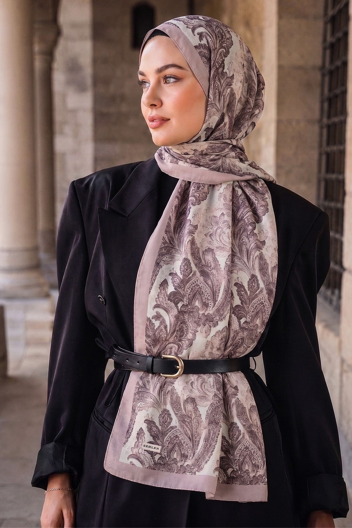 Perla Barok Paisley Desenli Şal - Pudra