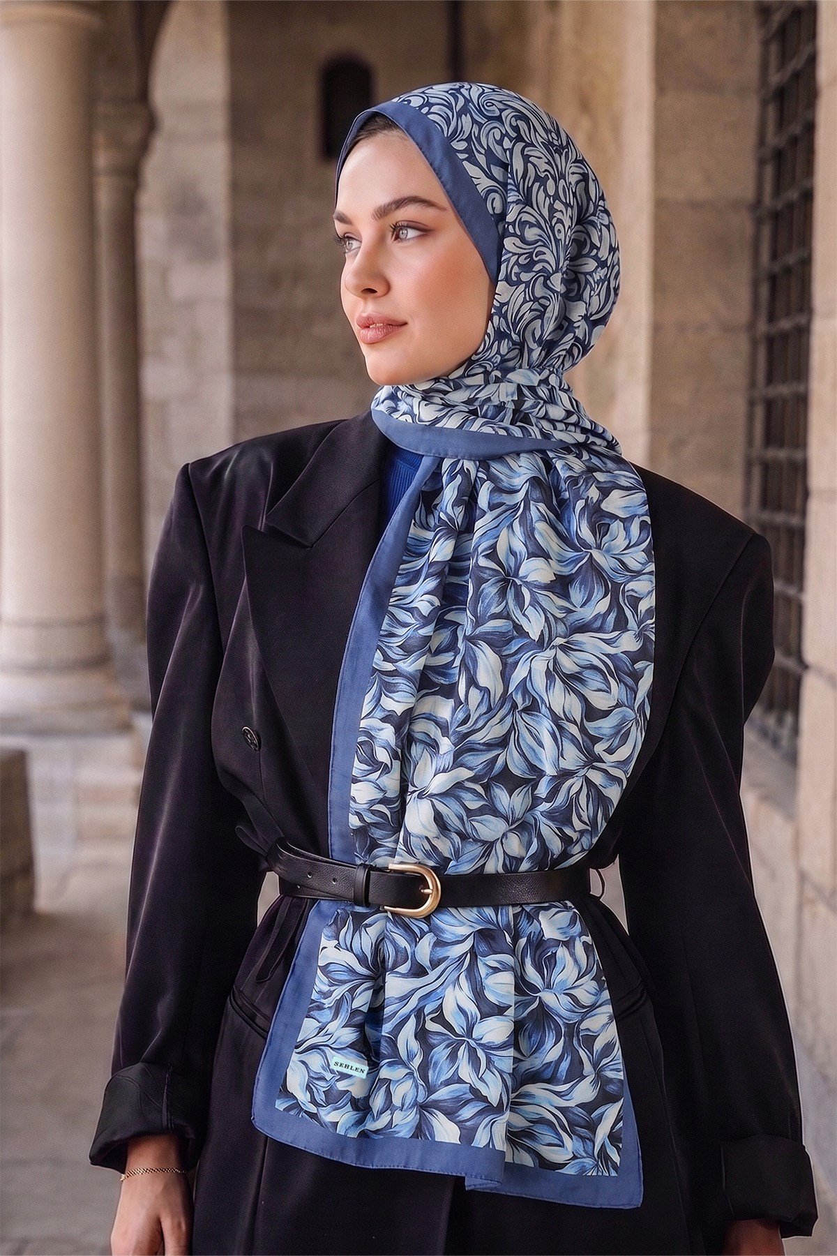 Perla Botanik Yaprak Desenli Şal - Kot