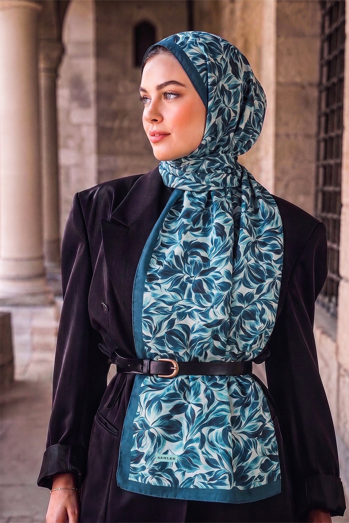 Perla Botanik Yaprak Desenli Şal - Petrol