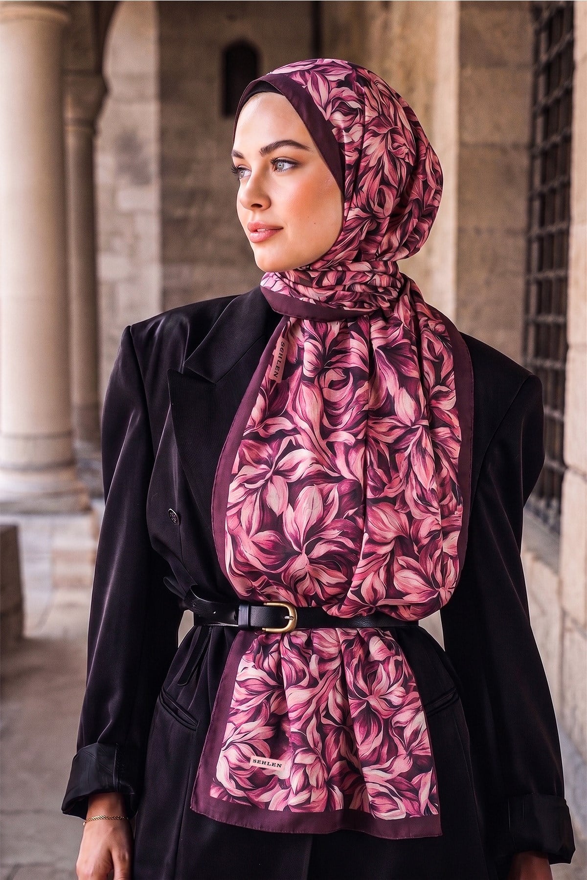 Perla Botanik Yaprak Desenli Şal - Vişne