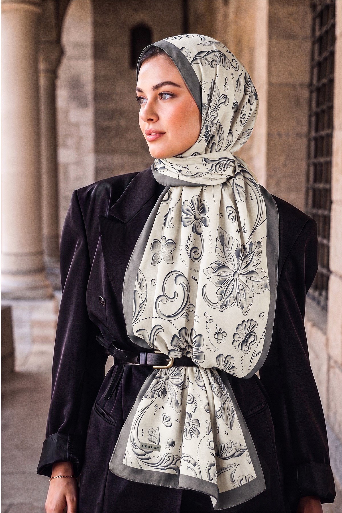 Perla Çini Floral Desenli Şal - Kirli Taş