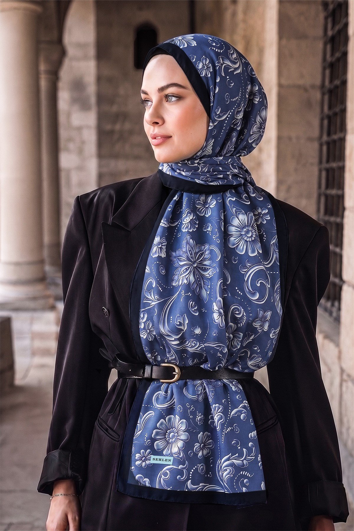 Perla Çini Floral Desenli Şal - Lacivert