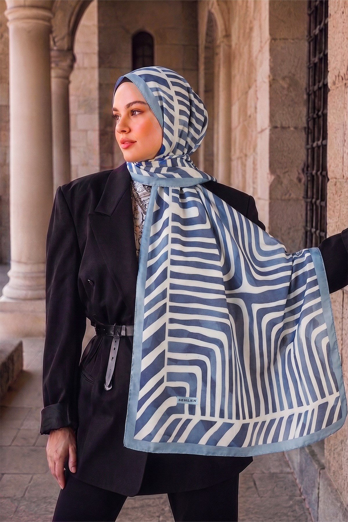 Perla Geometrik Labirent Desenli Şal - Gümüş Gri