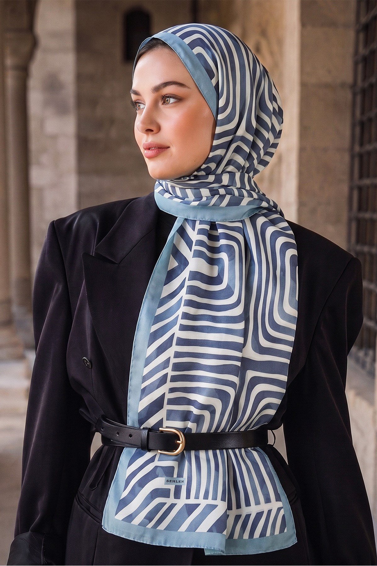 Perla Geometrik Labirent Desenli Şal - Gümüş Gri