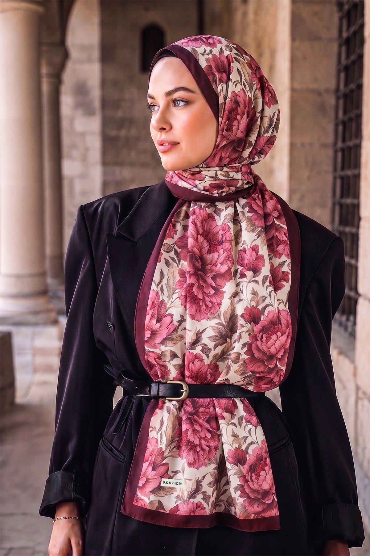 Perla Şakayık Bahçesi Desenli Şal - Bordo