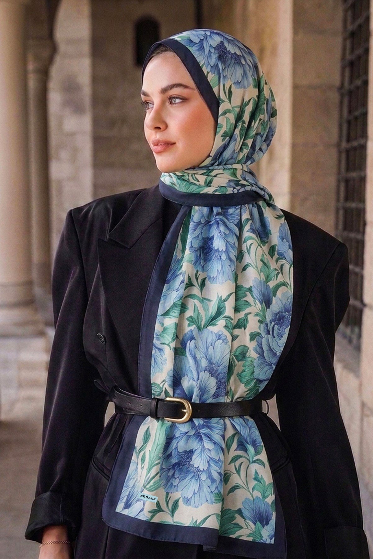 Perla Şakayık Bahçesi Desenli Şal - İndigo