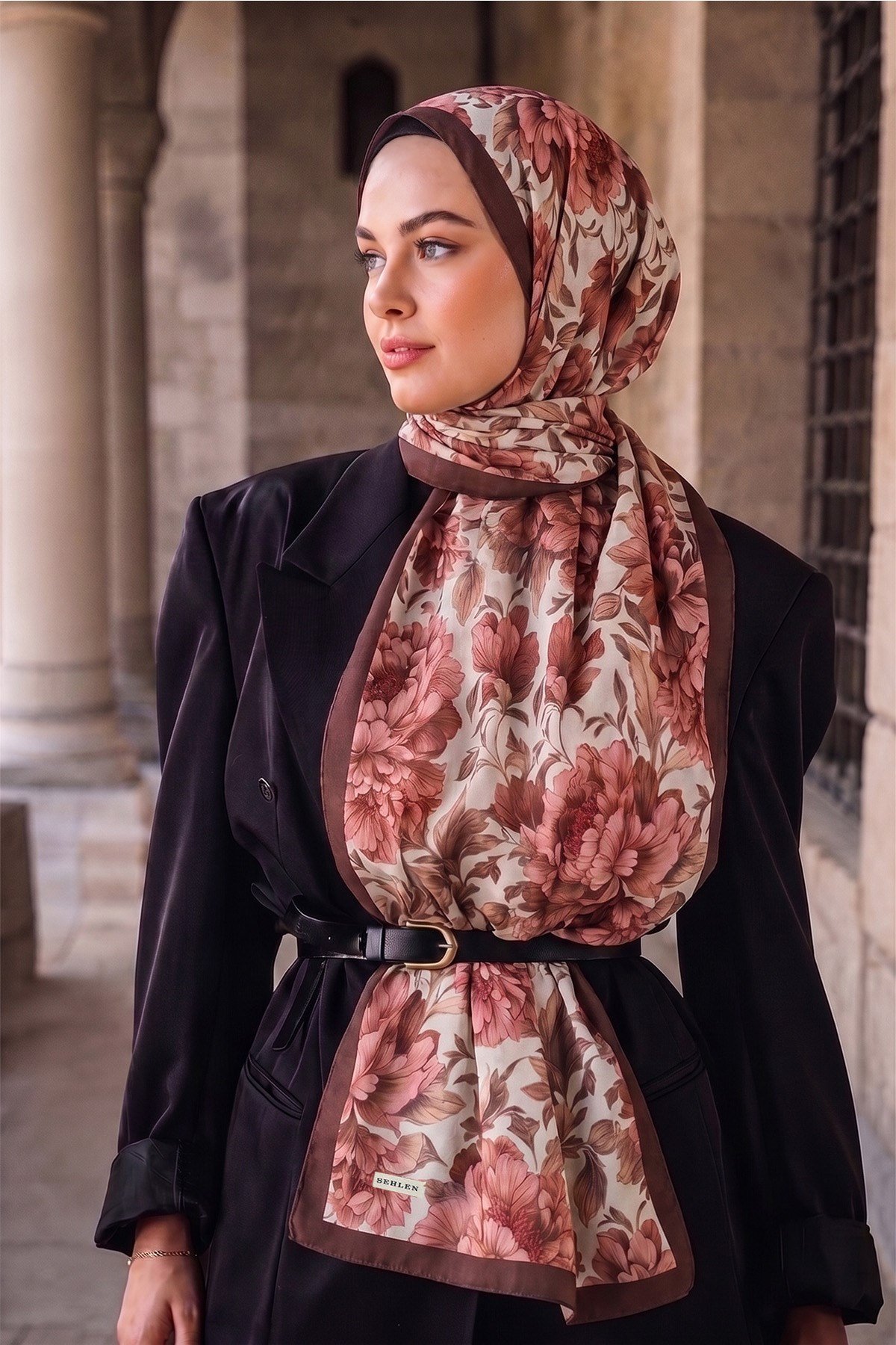 Perla Şakayık Bahçesi Desenli Şal - Kiremit