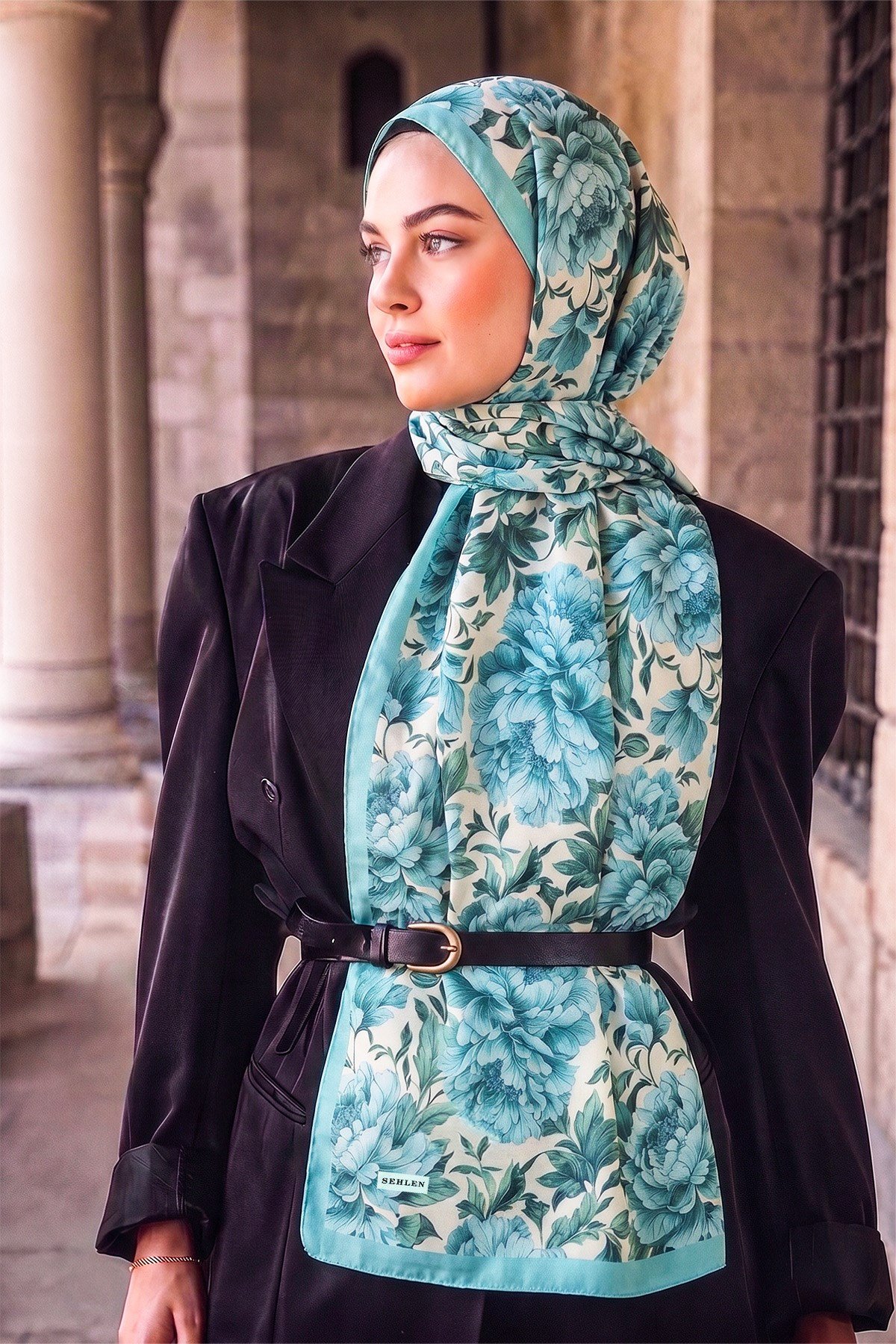 Perla Şakayık Bahçesi Desenli Şal - Mint Yeşil