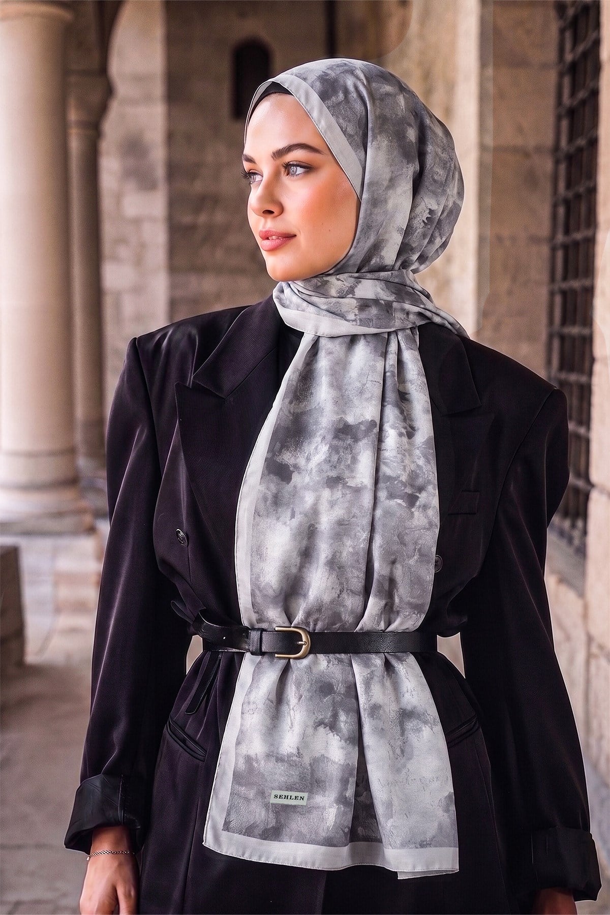 Perla Soyut Fırça Desenli Şal - Gri