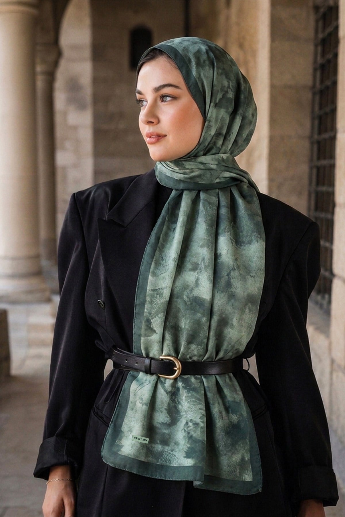Perla Soyut Fırça Desenli Şal - Kirli Yeşil