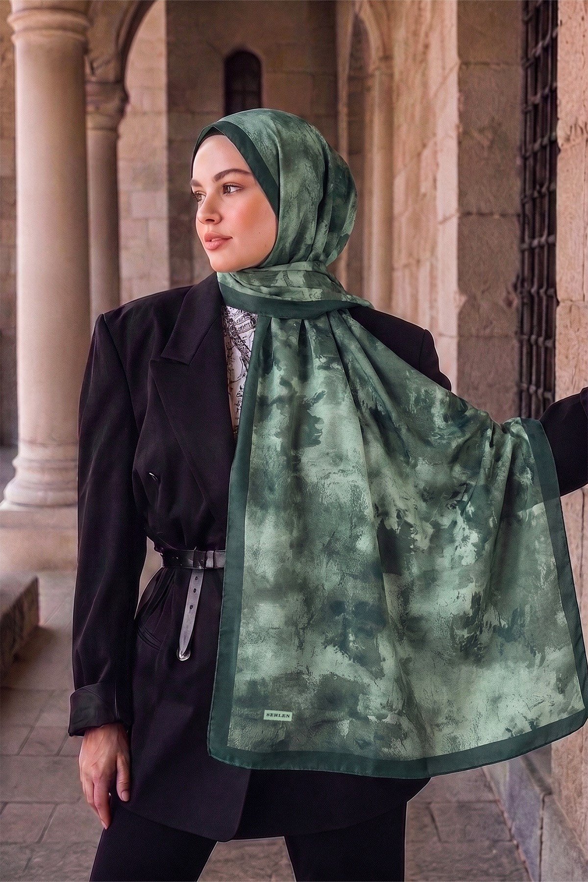 Perla Soyut Fırça Desenli Şal - Kirli Yeşil