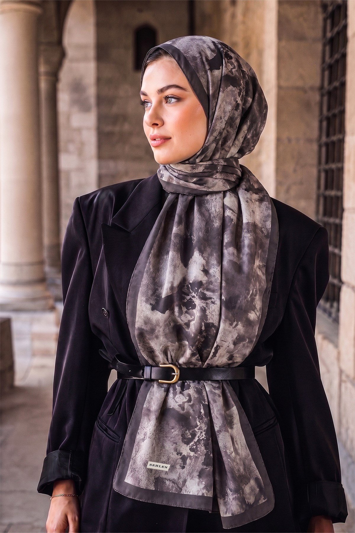 Perla Soyut Fırça Desenli Şal - Koyu Vizon