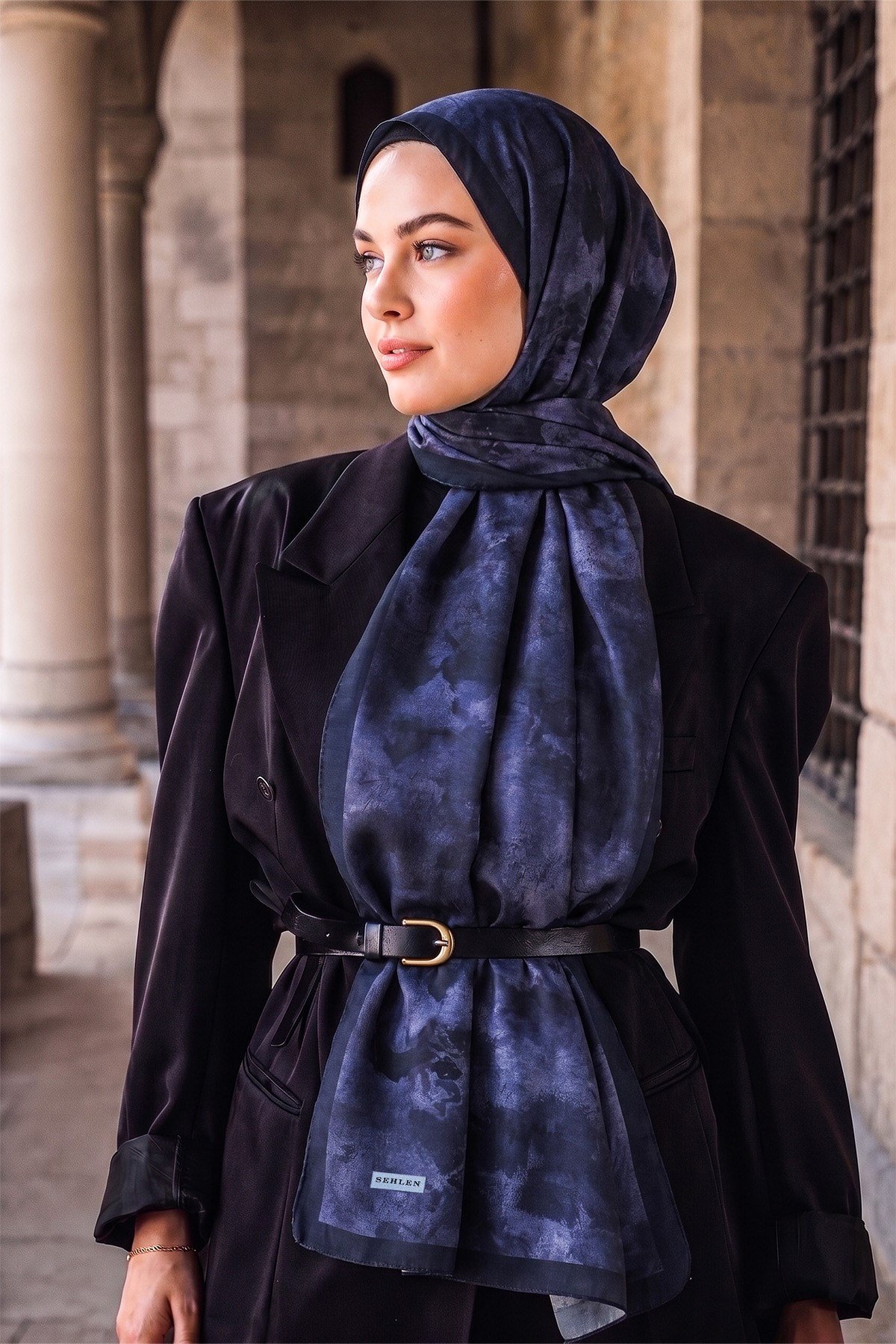 Perla Soyut Fırça Desenli Şal - Lacivert