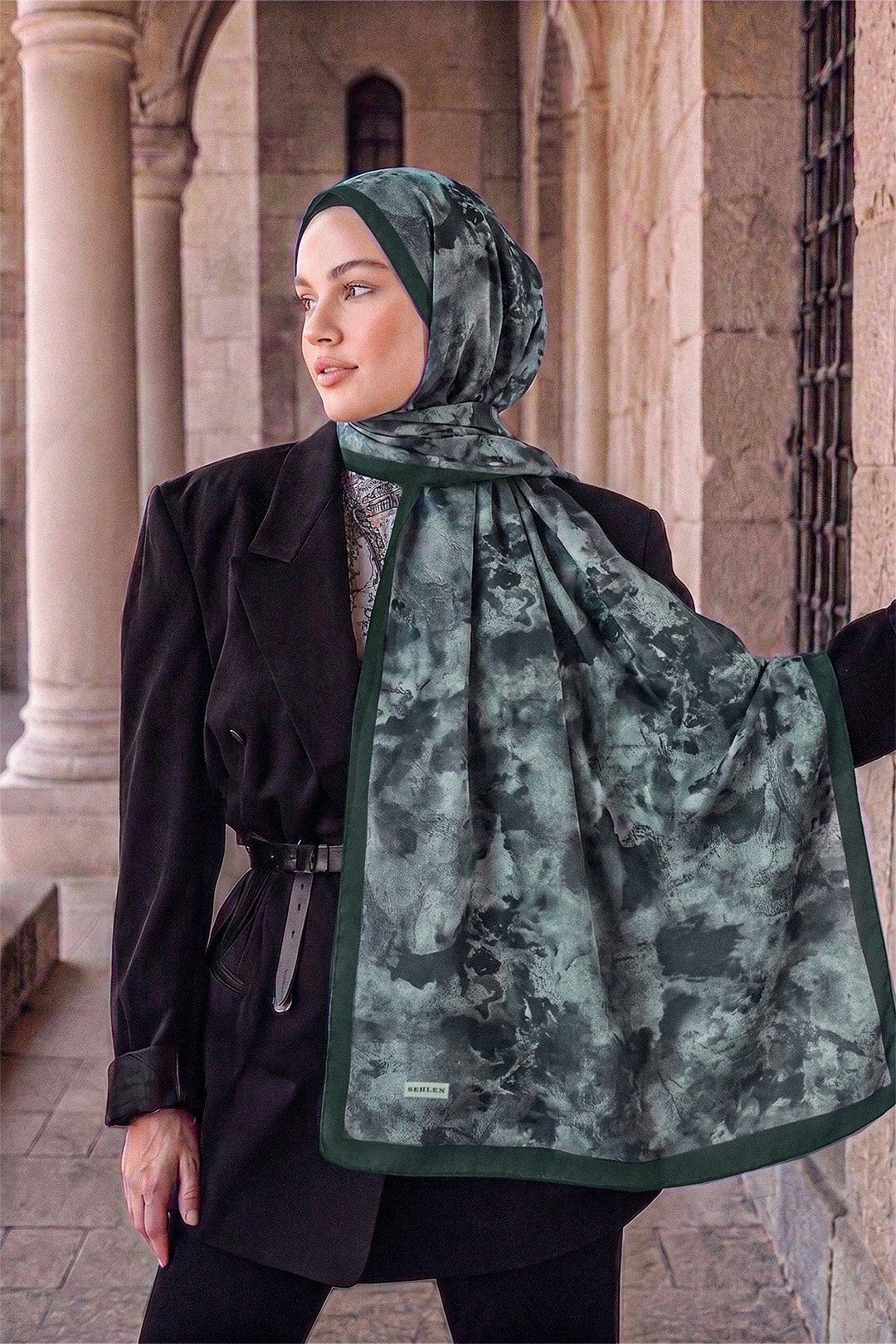 Perla Soyut Fırça Desenli Şal - Siyah