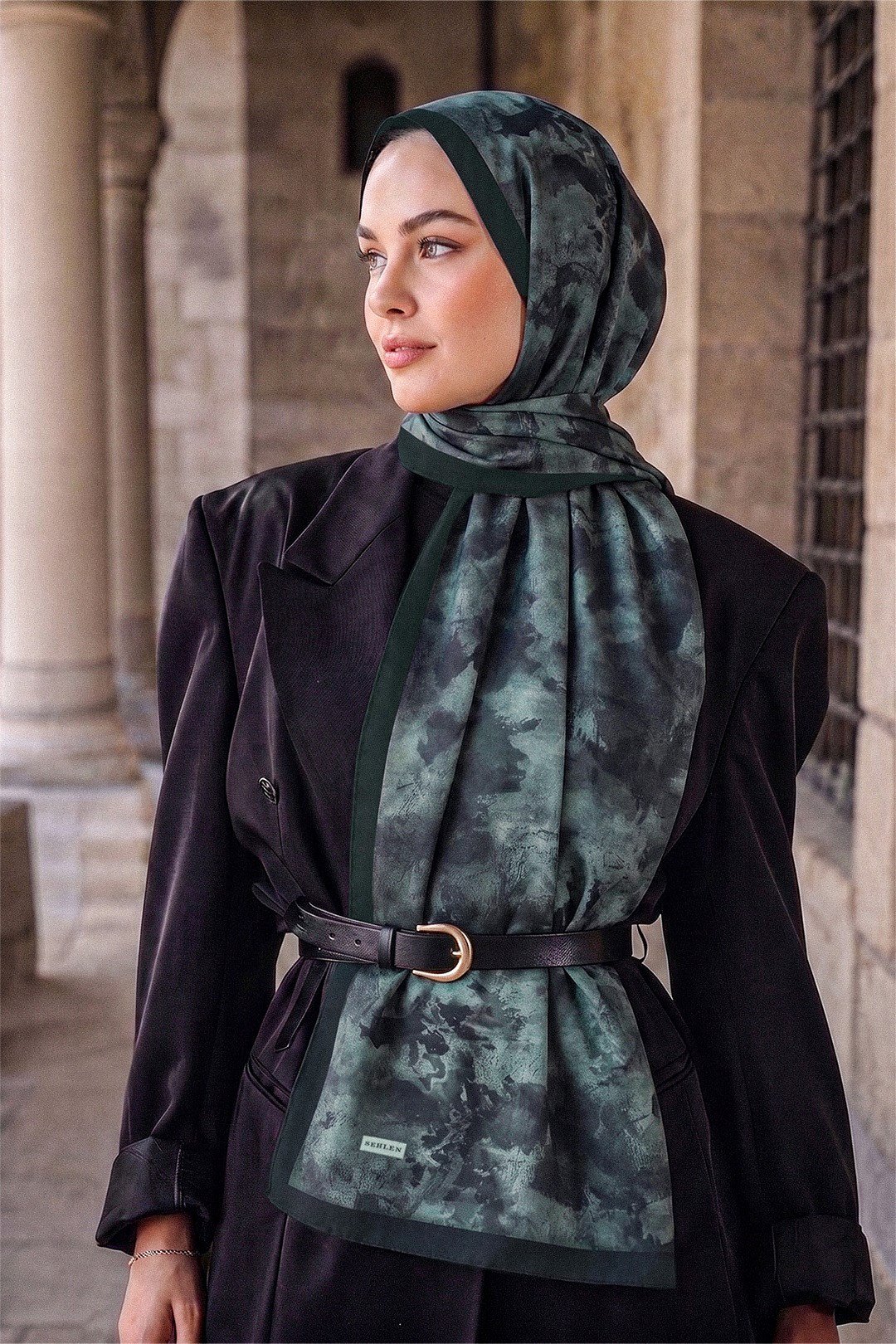Perla Soyut Fırça Desenli Şal - Siyah