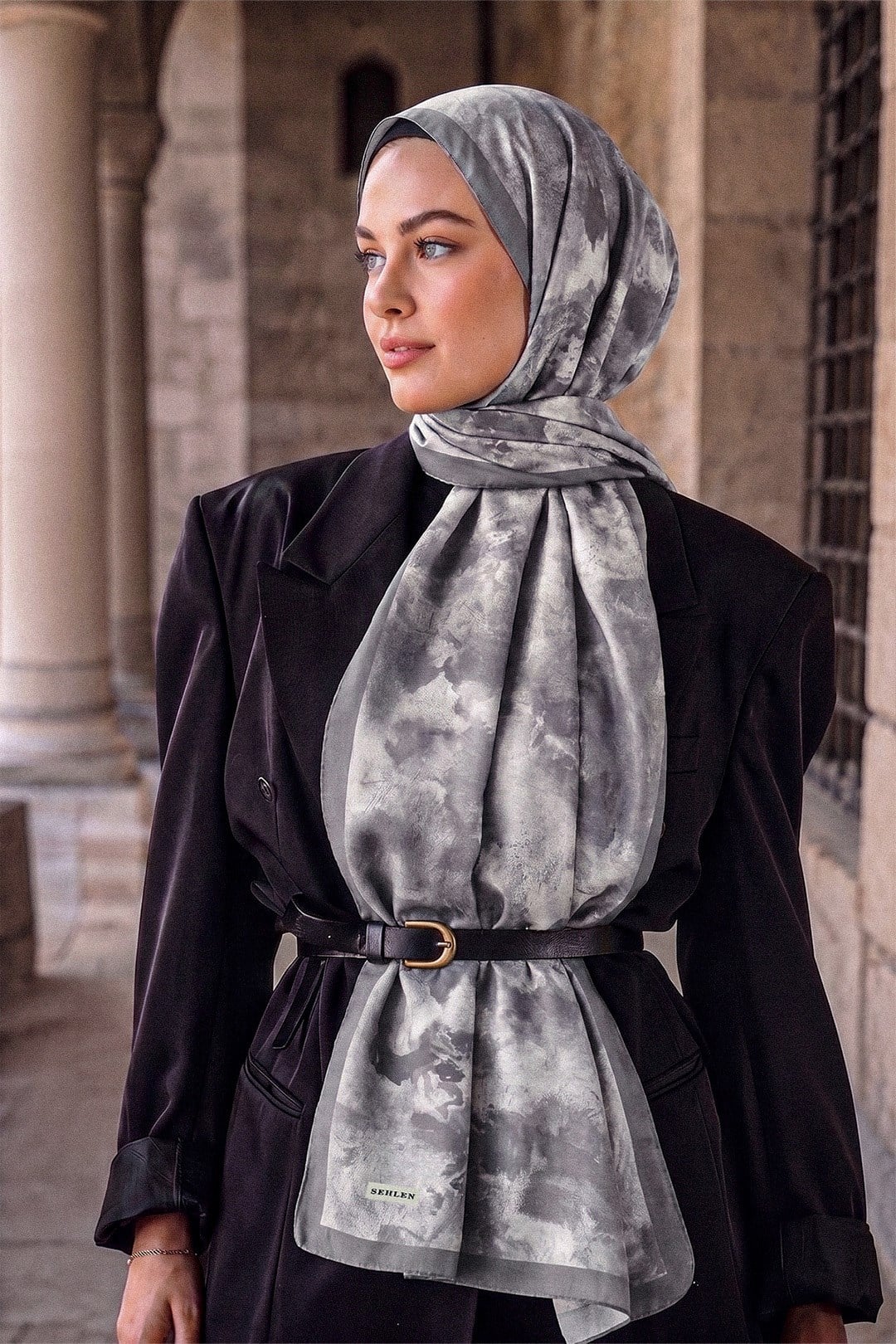 Perla Soyut Fırça Desenli Şal - Taş