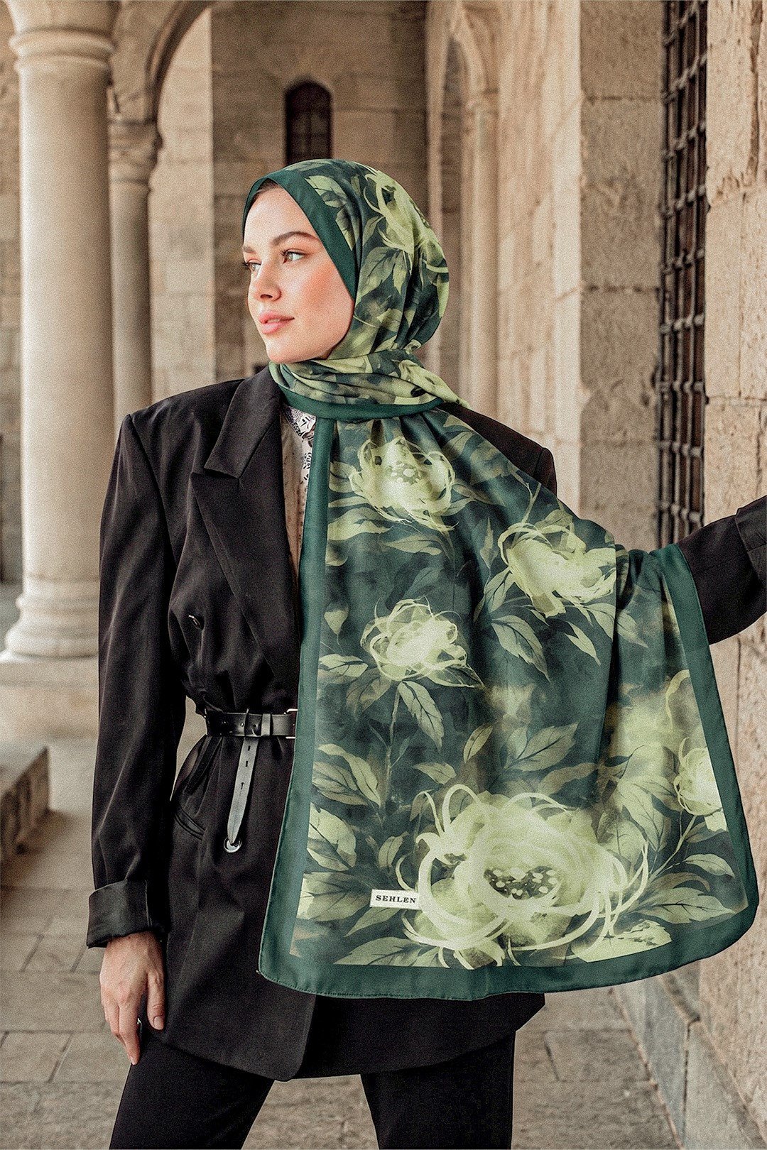 Perla Suluboya Gül Desenli Şal - Acı Yeşil