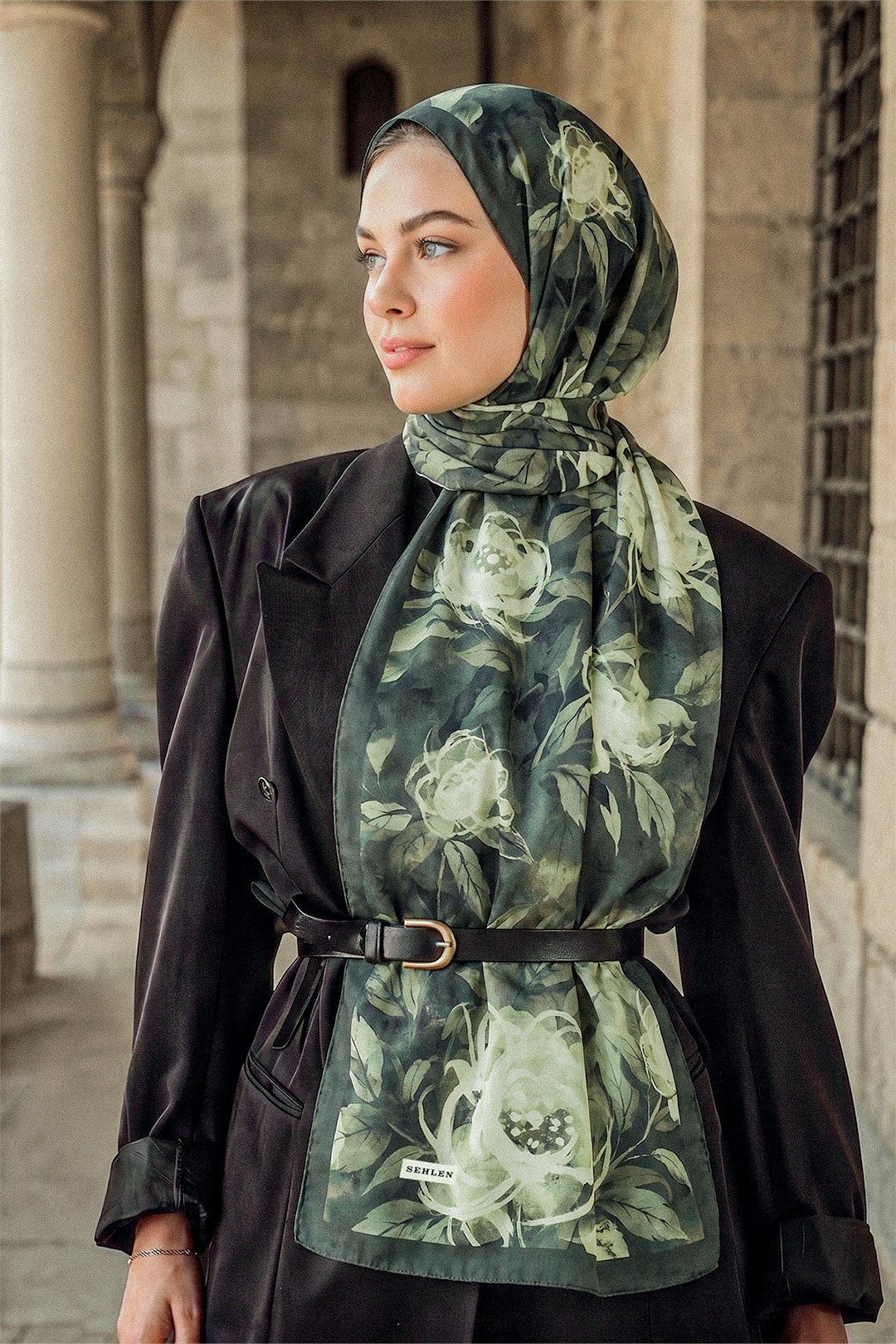 Perla Suluboya Gül Desenli Şal - Acı Yeşil