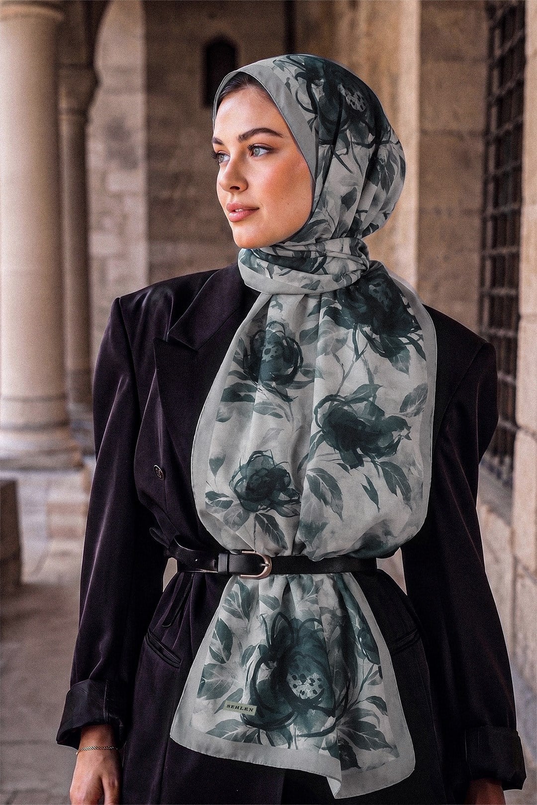 Perla Suluboya Gül Desenli Şal - Küf Yeşil