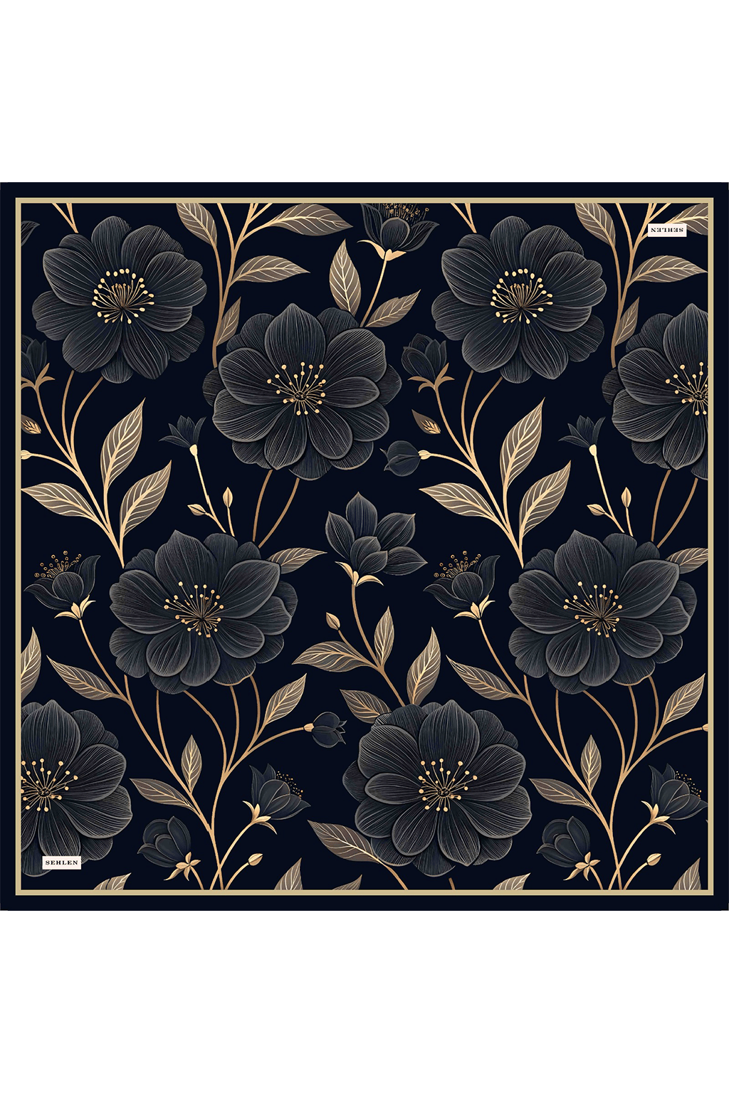Soft Eşarp Gold Çiçek Desen - Lacivert