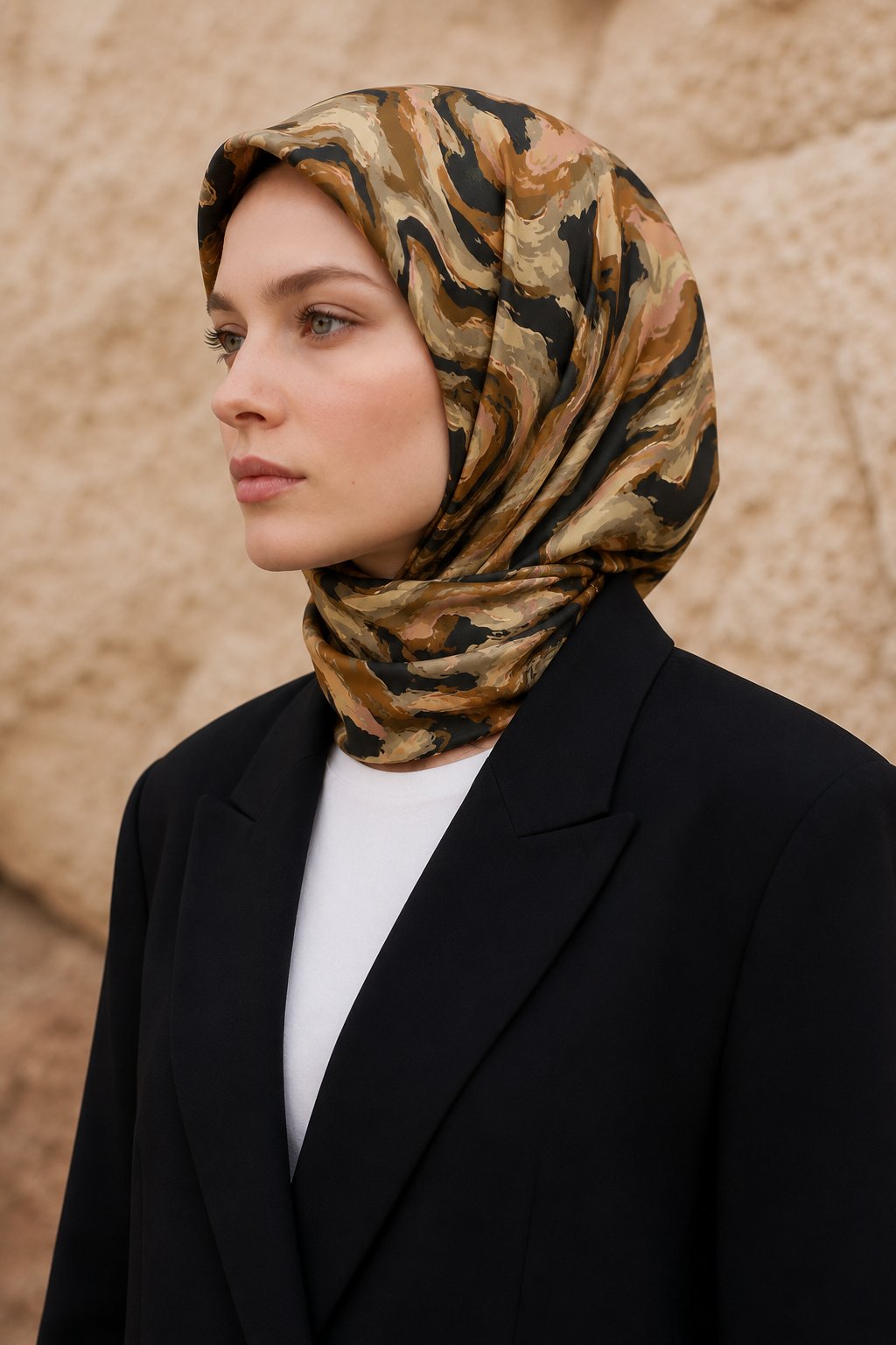 Soft Eşarp Soyut Mermer Desen - Haki