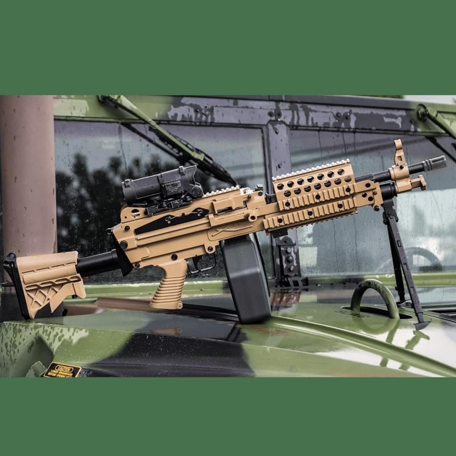 AK FN Herstal Lisanslı M249 Full Metal Gövdeli SAW Makinalı MK46 Airsoft Tüfek - Çöl Rengi