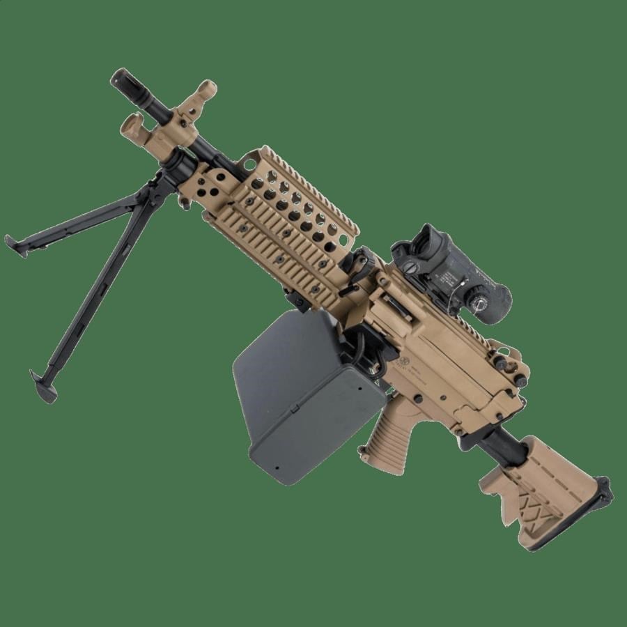 AK FN Herstal Lisanslı M249 Full Metal Gövdeli SAW Makinalı MK46 Airsoft Tüfek - Çöl Rengi