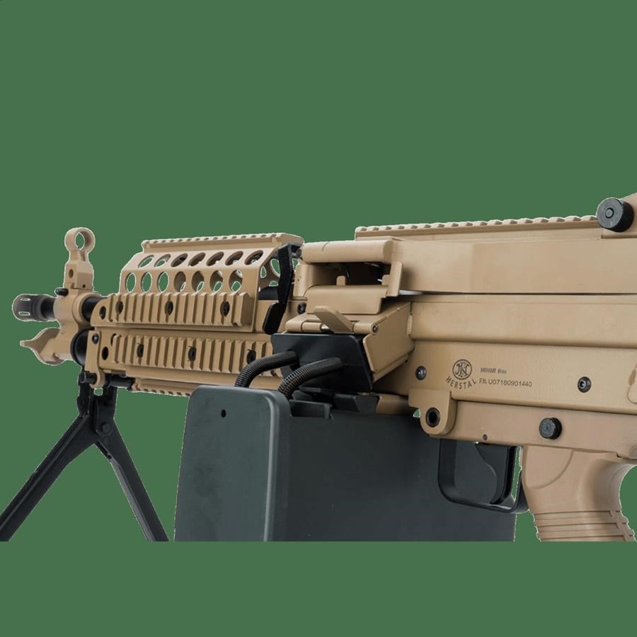 AK FN Herstal Lisanslı M249 Full Metal Gövdeli SAW Makinalı MK46 Airsoft Tüfek - Çöl Rengi