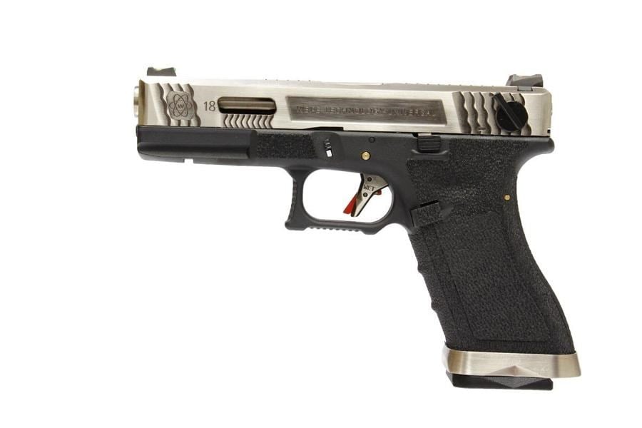 WE GLOCK18 G18 FullAuto T7 GBB Airsoft Tabanca Silver Kızak / Silver Namlu /  Siyah Gövde