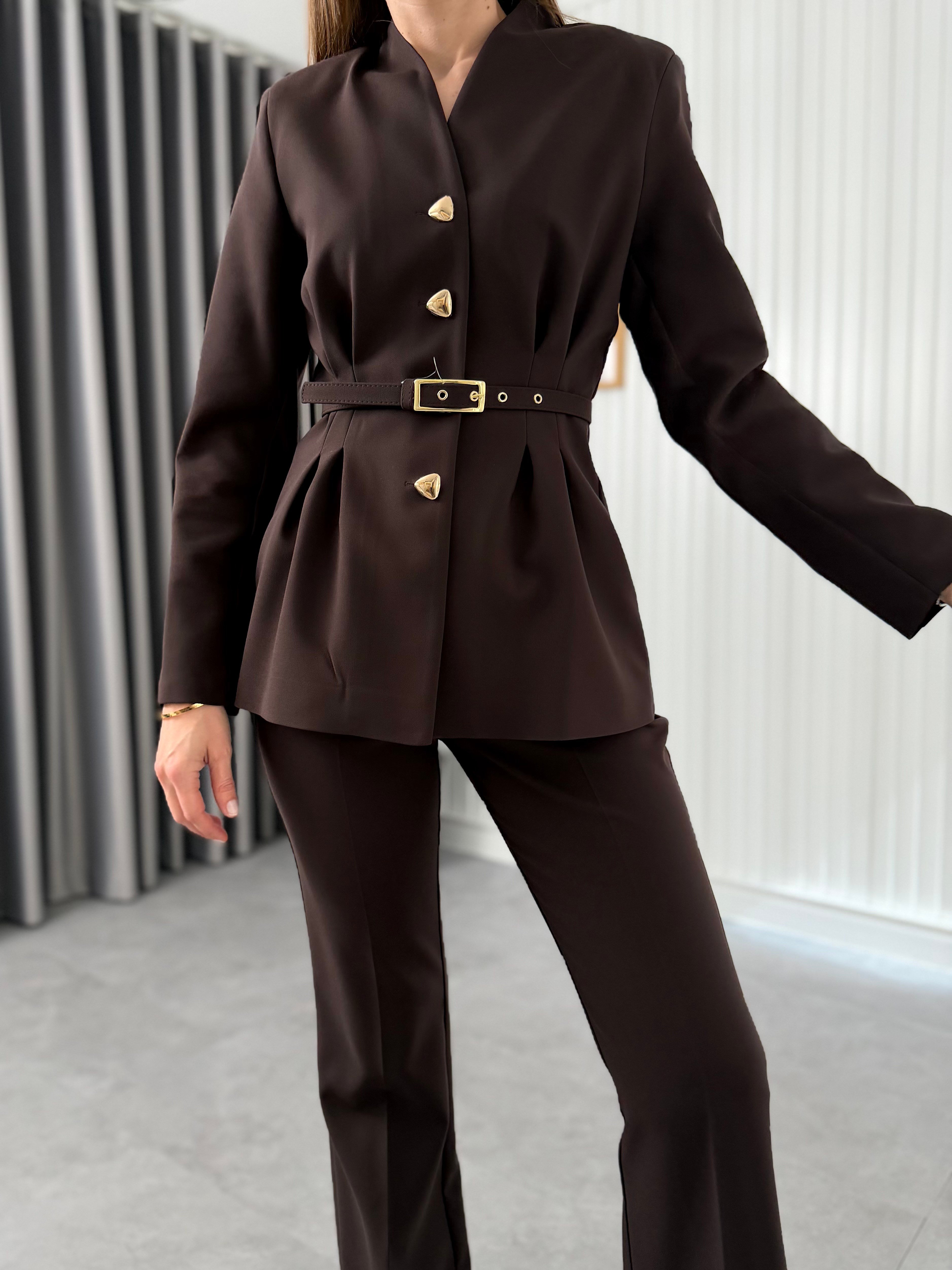  Minimal Gold Detaylı Takım  Kahve