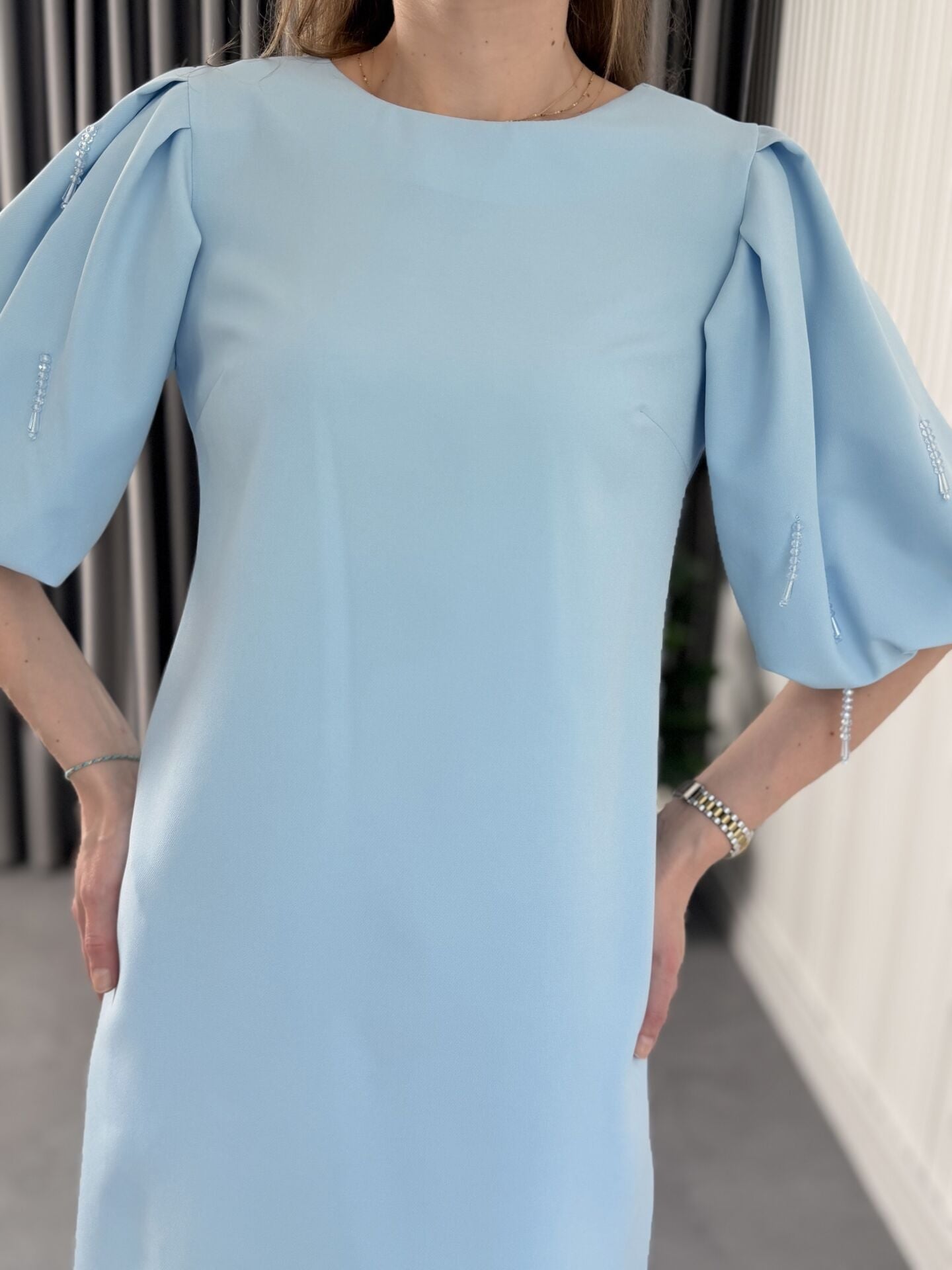 Balon Kollu Elbise Mavi