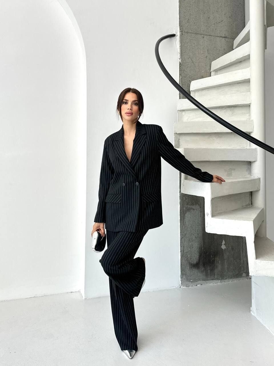 Çizgili Oversize Takım Siyah