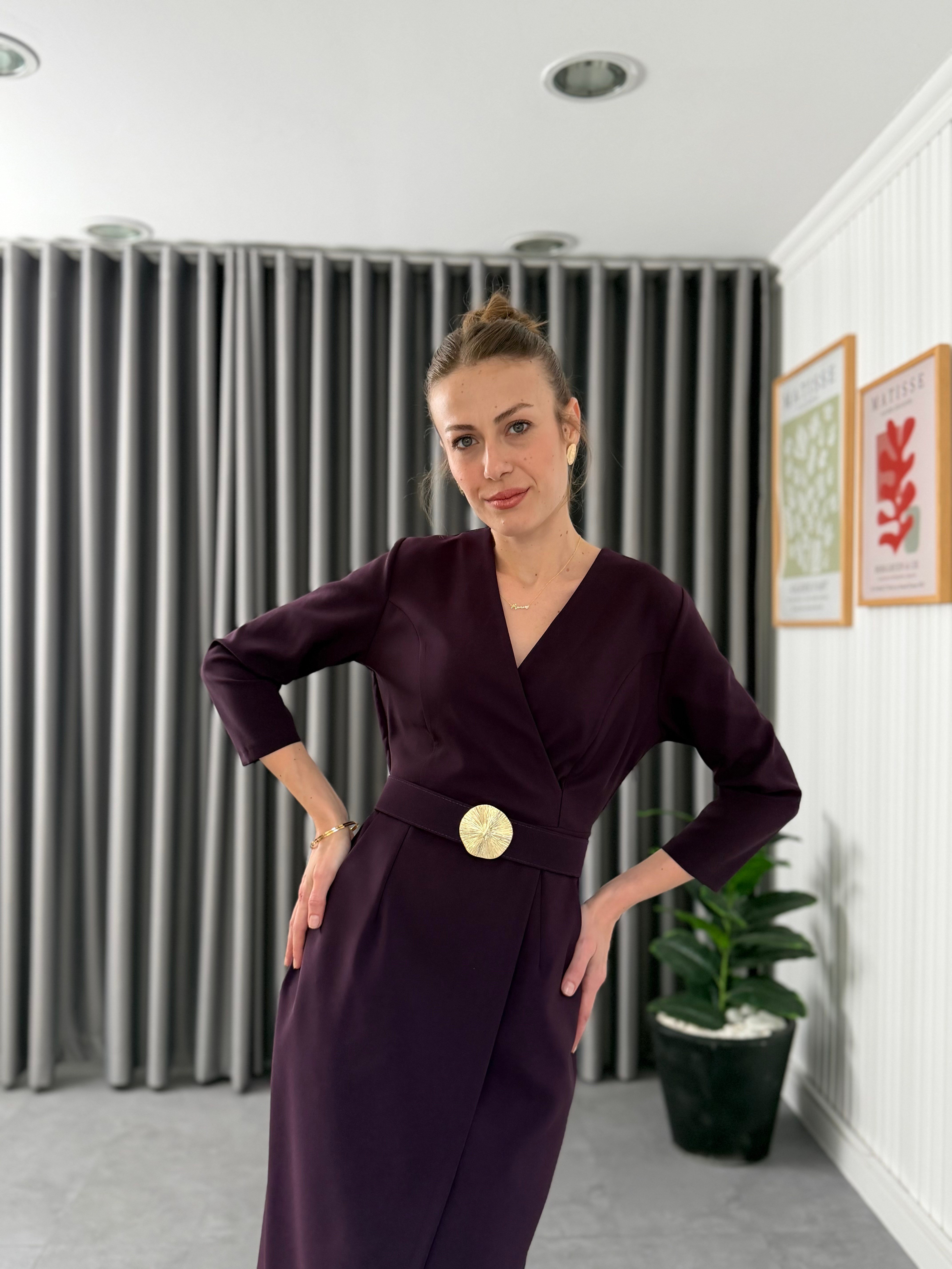 Gold Tokalı Midi Elbise Mor