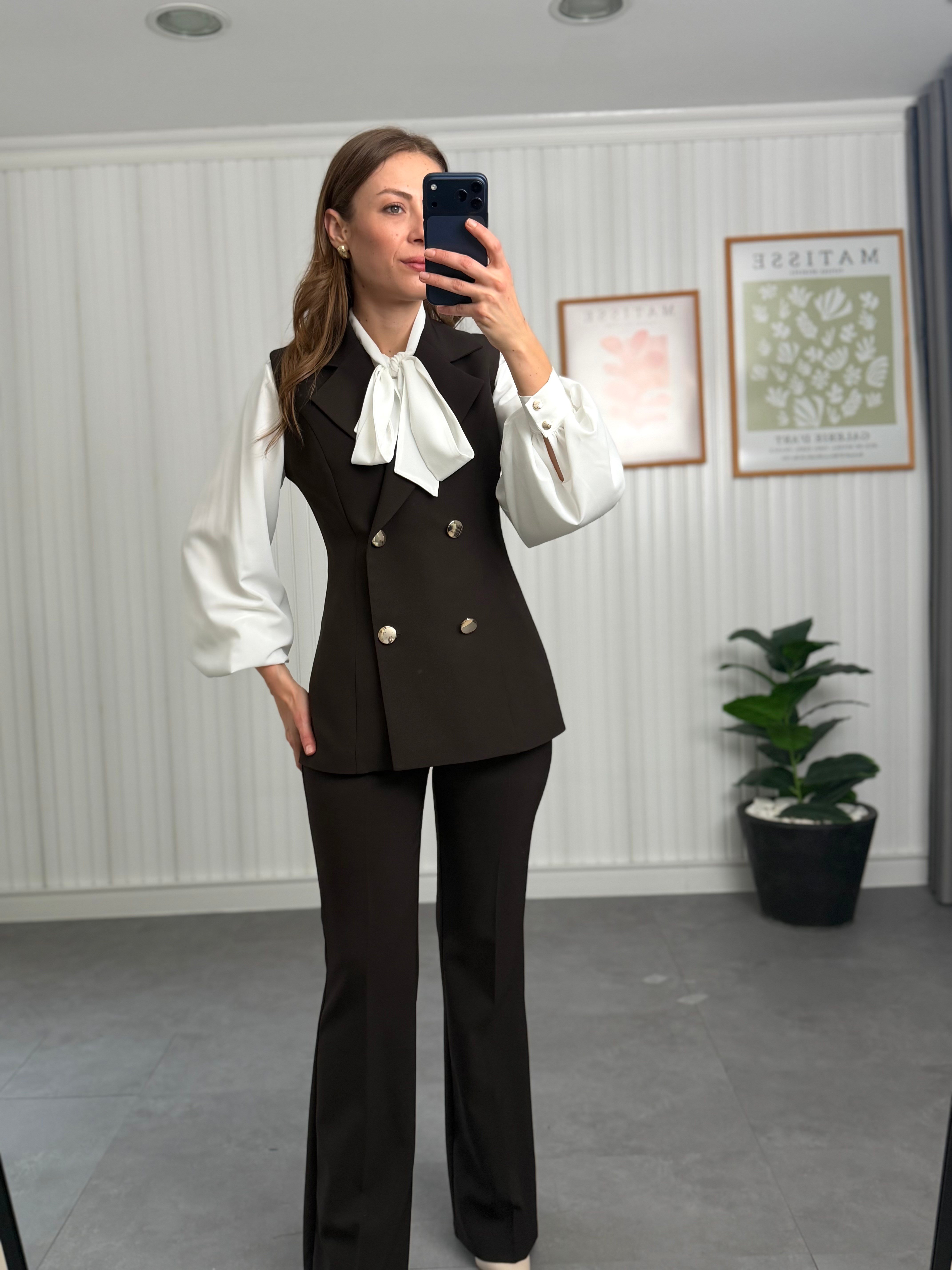 Krep Kumaş 3'lü Takım Pantalonlu Kahve