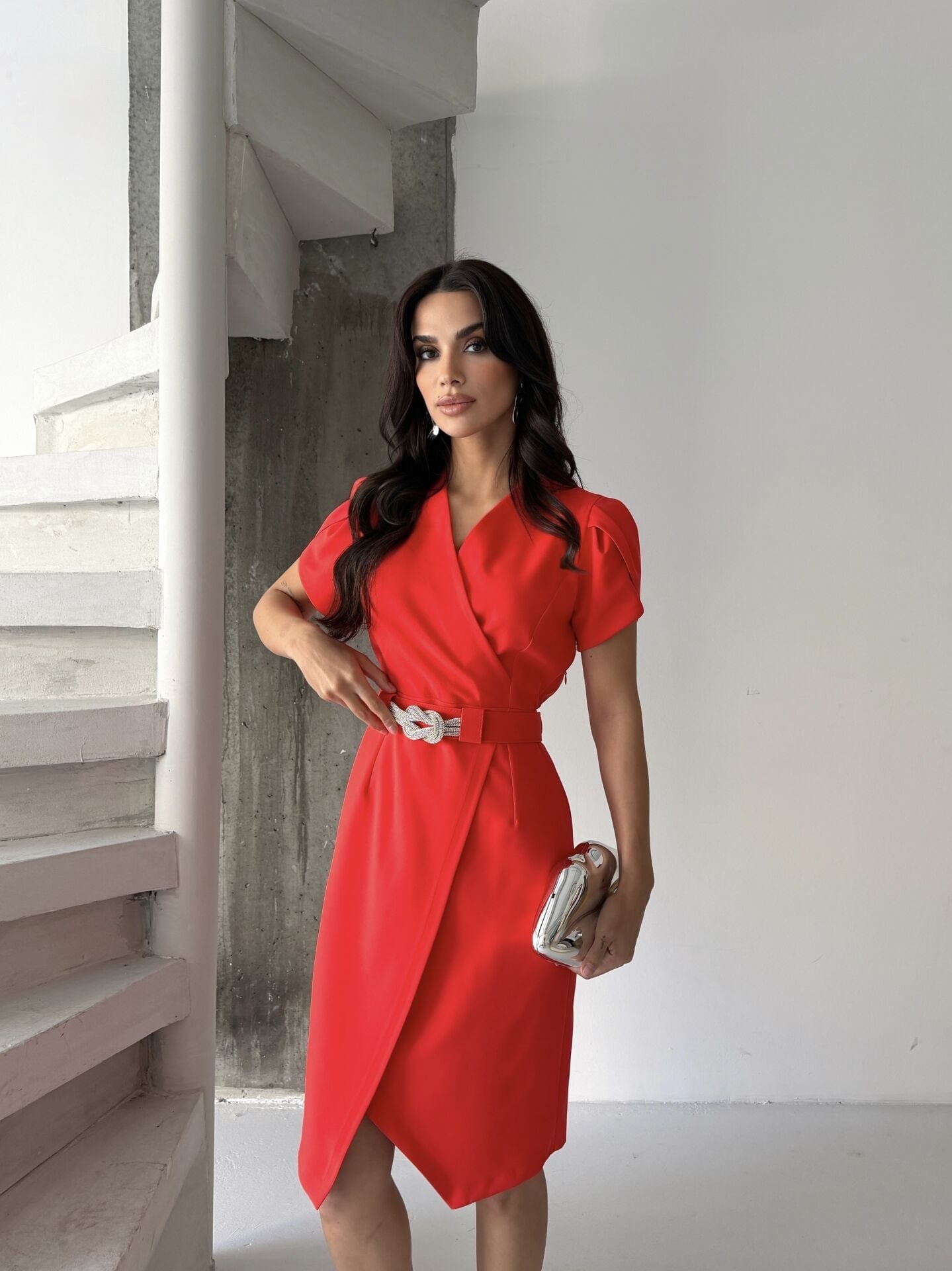 Krep Kumaşlı Kruvaze Elbise Nar